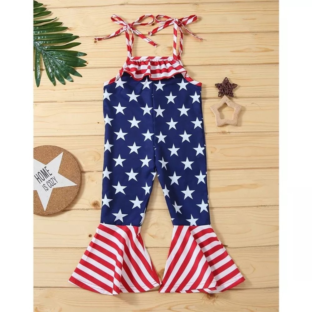 Patriotic Girls 4th of July Bell Bottom Overalls Romper Jumpsuit